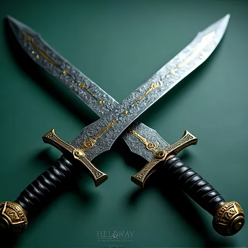Prompt: Crossed in a dramatic display, two intricately designed swords rest on a muted green surface, hinting at an ancient elegance. Each blade, forged with darkened steel, showcases textured surfaces that reflect soft lighting, emphasizing their sharpness. The swords' hilts, adorned with ornate gold detailing and wrapped in dark leather, convey a sense of craftsmanship and history. 