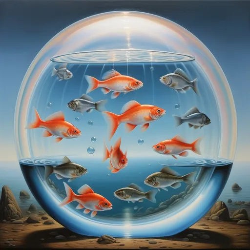 Prompt: A big bubble in the centre, fishs inside that bubble, hyper massurrealist art