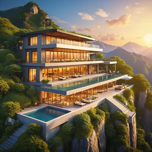 Prompt: Luxurious villa on the peak of the highest mountain, golden sunset casting warm glow, 4k ultra-detailed, digital painting, panoramic view of majestic landscape, opulent architecture with intricate details, lush greenery surrounding the villa, luxurious interior with modern furnishings, warm and inviting atmosphere, highres, detailed mountain peaks, luxurious villa, warm sunset lighting, opulent, panoramic landscape, modern architecture, lush green surroundings, detailed interior, inviting atmosphere