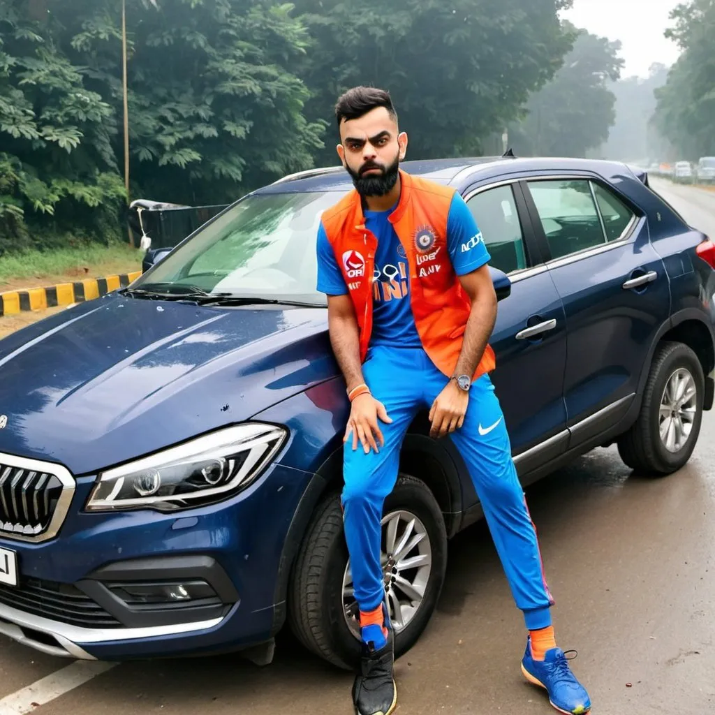 Prompt: King Kohli in a car crash
