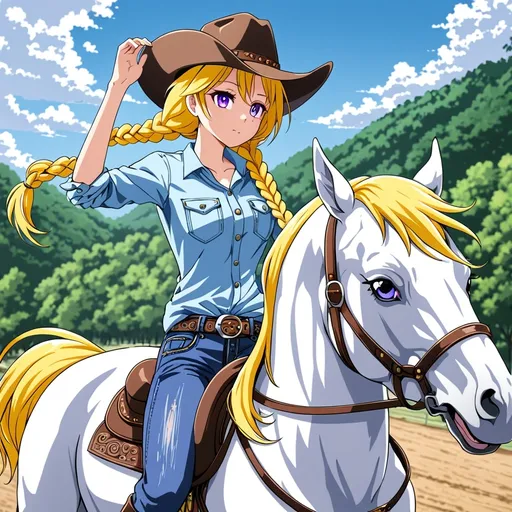 Prompt: anime, girl, detailed, yellow hair, in a braid, purple eyes, wearing denim, cowgirl hat, riding a white horse with yellow hair, very detailed