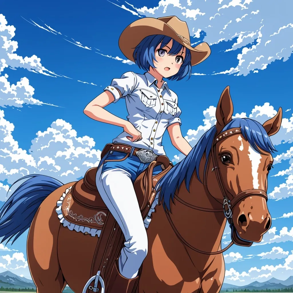 Prompt: anime, cowgirl, detailed, blue short hair, cowgirl hat, riding a horse, very detailed