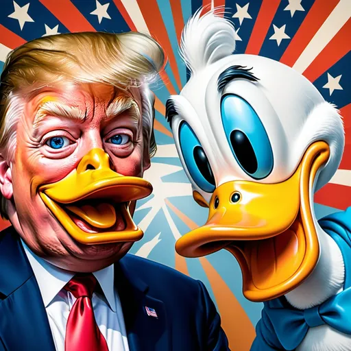 Prompt: (donald trump and donald duck side by side), (humorous juxtaposition), vibrant colors, playful cartoon style, exaggerated facial features, political satire, whimsical poses, engaging expressions, bright and cheerful background, lively atmosphere, high quality, ultra-detailed, imaginative contrast between characters.