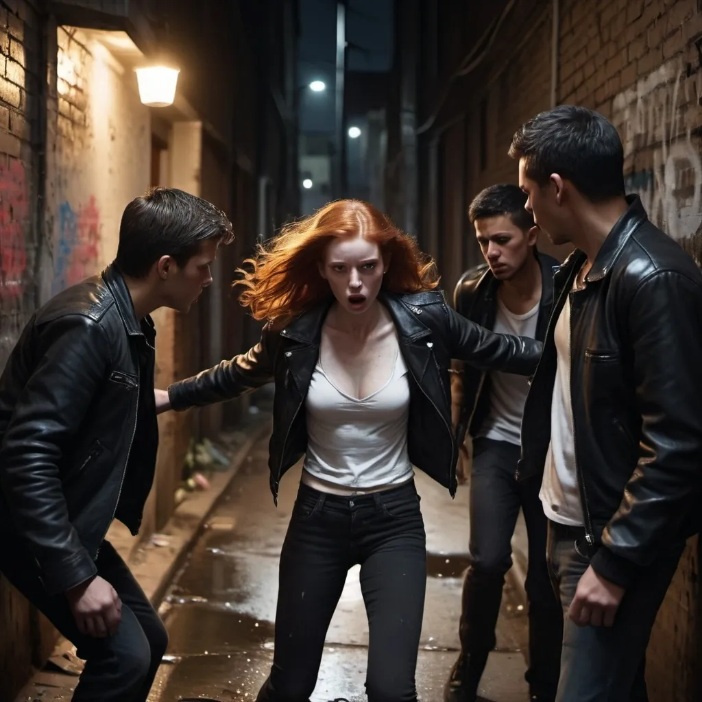 Prompt: 5 young men attacking a red head female. Location alley way. Time is night. female has dd chest. Female is wearing white low cut blouse and leather jacket. Men attempting to restrain the female