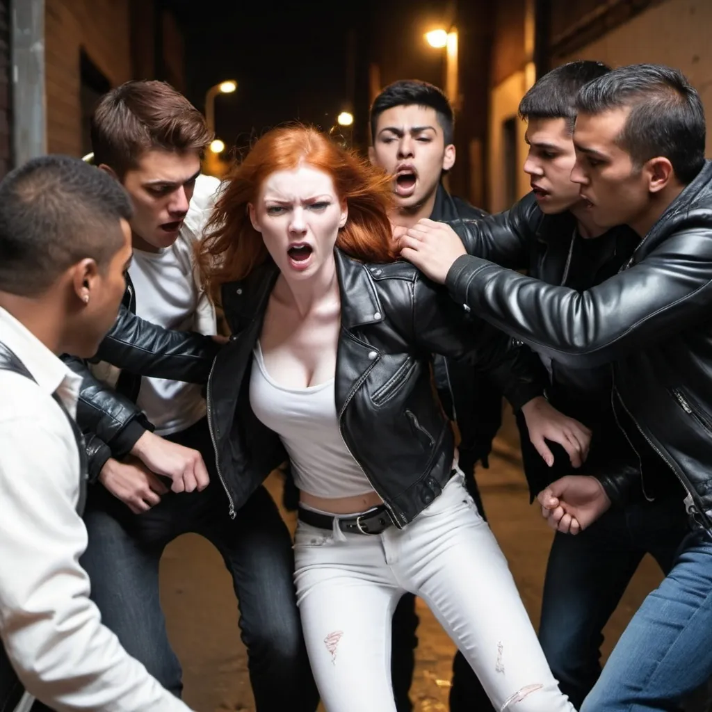 Prompt: 5 young men attacking a red head female. Location alley way. Time is night. female has dd chest. Female is wearing white low cut blouse and leather jacket. Men attempting to restrain the female