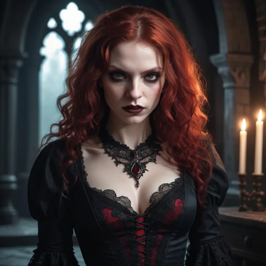 Prompt: Red head female vampire dd chest