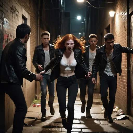 Prompt: 5 young men attacking a red head female. Location alley way. Time is night. female has dd chest. Female is wearing white low cut blouse and leather jacket. Men attempting to restrain the female