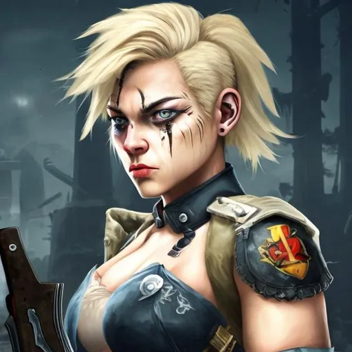 Prompt: A blonde, strong woman, with knives and guns on her waist, with short hair, shaved on one side, with a scar between her chin and mouth, with black eyes