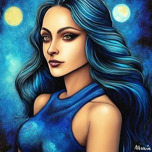 Prompt: Uma mulher de 20 anos com longos cabelos preto liso armado, olhos escuros, pele branca, um colar de lua e sol com um vestido azul escuro