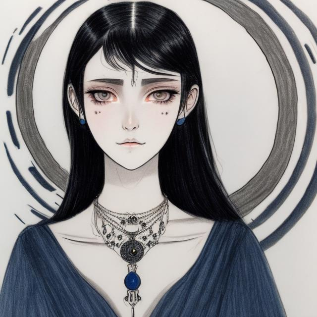 Prompt: A drawing of a 20 year old woman with long straight black hair, dark and cold eyes, white skin, a moon and sun necklace and a dark blue period dress.