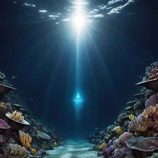 Prompt: What the Deepest part of the ocean would look like if a light was shined 