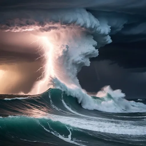 Prompt: Lighting striking the ocean during a violent storm with massive waves