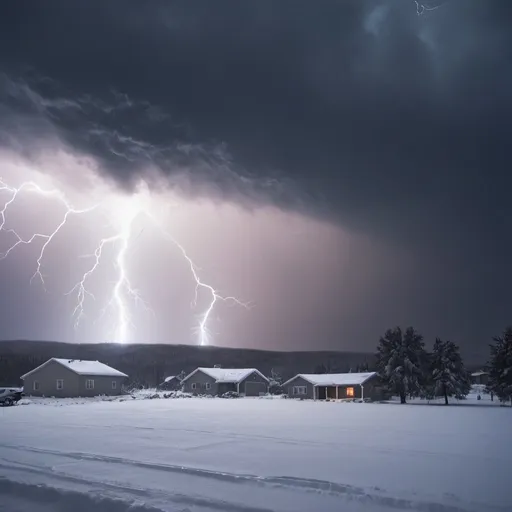 Prompt: Snowstorm with dark clouds with lightning and snow falling