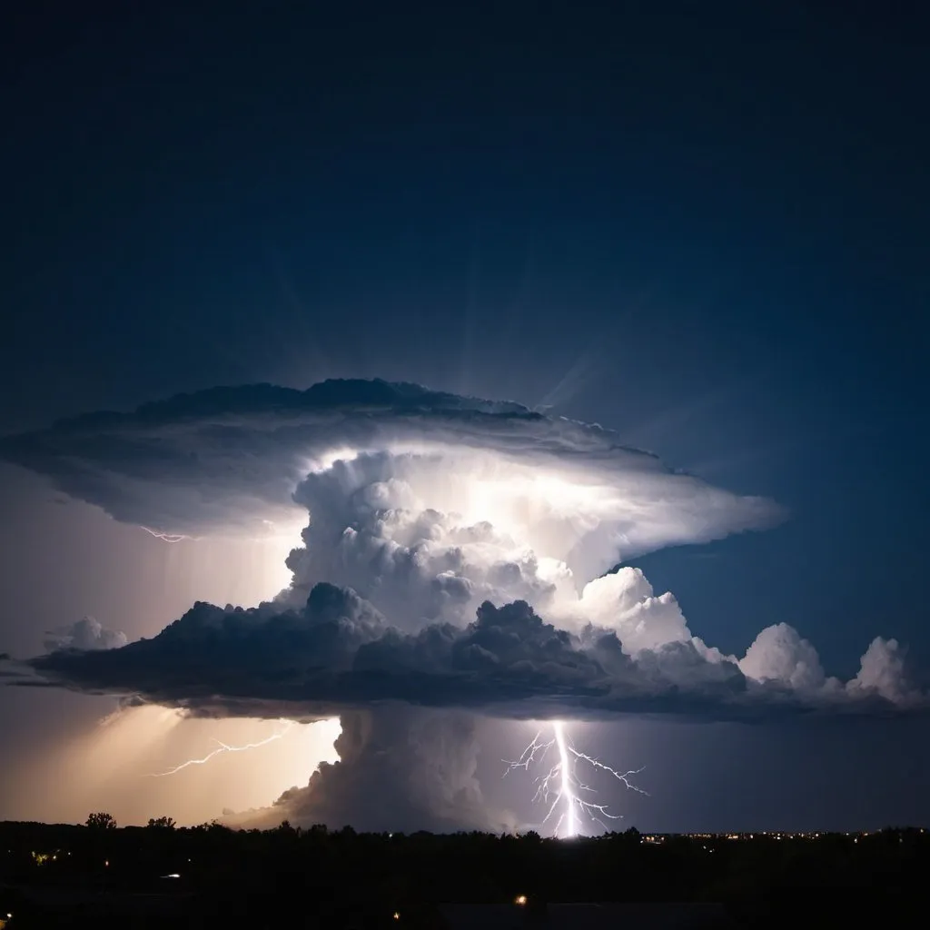 Prompt: Thundercloud at night shooting down beam of light