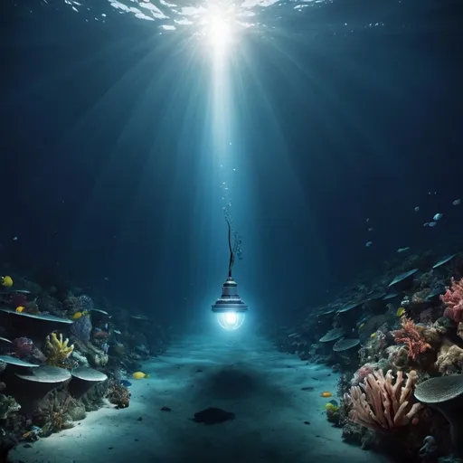 Prompt: What the deepest part of the ocean would like if a light was shined 