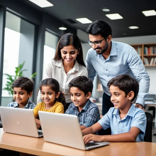 Prompt: kids enjoying with their parents at parents work place with laptops and IT office background