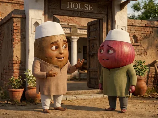 Prompt: Create an 8-second cinematic 3D animated video continuing directly from the previous clip.

Keep exactly the same Potato and Onion characters, same faces, same clothes, same house gate, same environment, same lighting, and same character proportions.

The Potato looks at the Onion with a friendly, slightly playful and teasing expression. He naturally gestures with one hand while talking to his friend. The Onion listens attentively.

The Potato speaks naturally in Urdu:

"یار، آج کل استاد زکاء اللہ صاحب بہت زیادہ سبق دے رہے ہیں، ہم آگے نکل جائیں گے، آپ چھٹی کرتے رہے تو آپ پیچھے رہ جائیں گے۔"

Accurate Urdu lip synchronization. Natural facial expressions, realistic blinking, subtle breathing, natural hand gestures, and believable body language.

The Potato should sound friendly and encouraging, not angry or serious. The Onion listens with a slightly embarrassed but friendly expression.

Camera: medium two-shot showing both characters, with a subtle cinematic push-in toward the Potato while he speaks, followed by a brief reaction shot of the Onion.

The dialogue must be spoken only. Do not display the dialogue as text.

No subtitles, no captions, no text, no speech bubbles, no written words anywhere in the video.

Duration: exactly 8 seconds.

