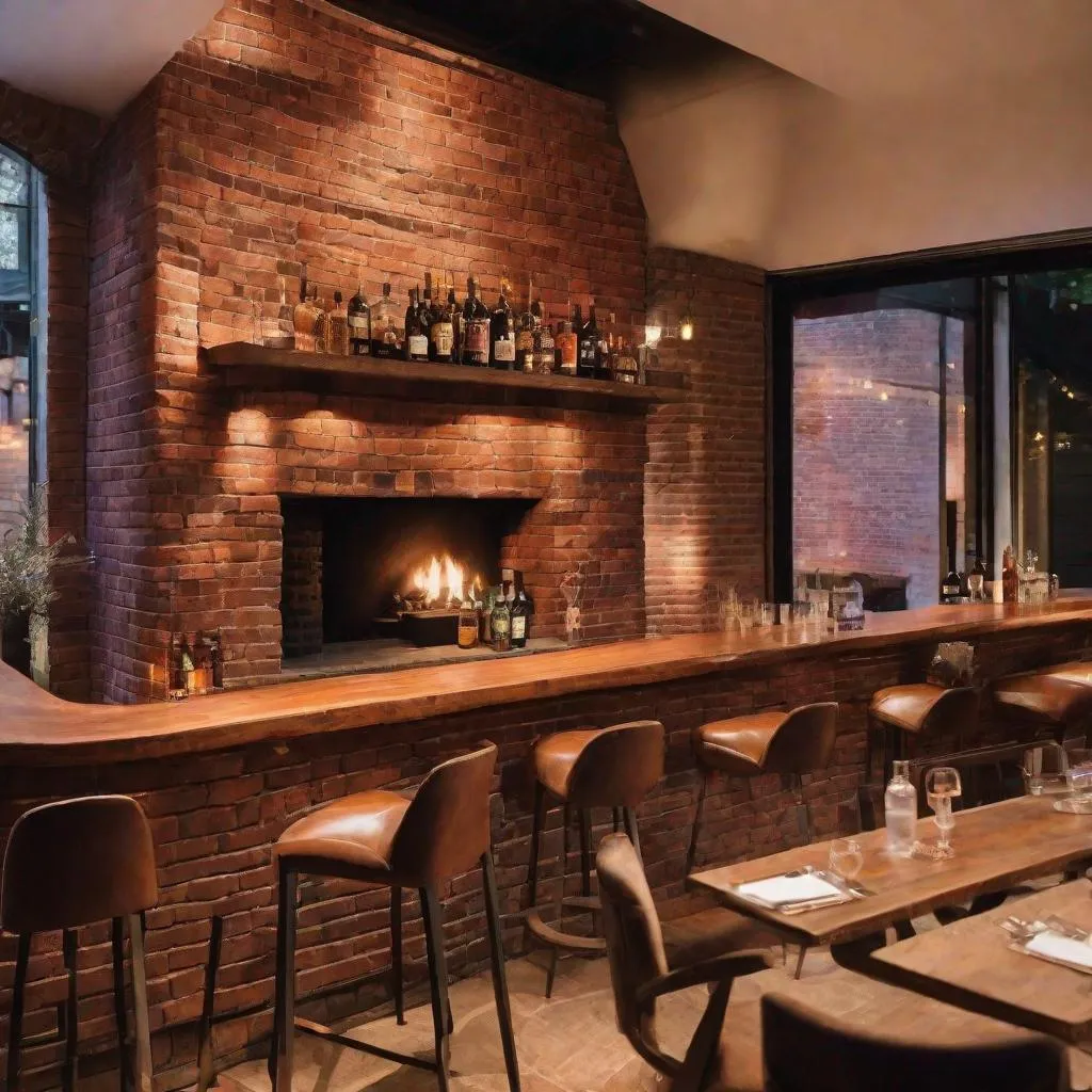 Prompt: A Cozy fireplace made out of bricks and the around theres a bar with some drinks on the bar table