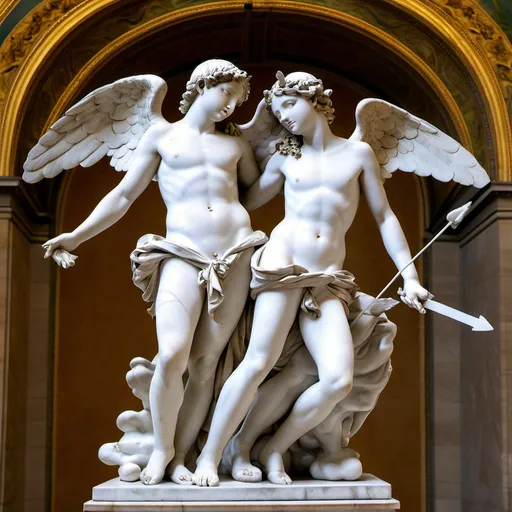 Prompt: Romantic Cupid and Psyche Lovers Statue in the Louvre