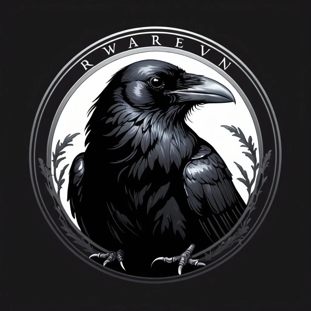 Prompt: Dark mysterious raven, logo, in black and white, round
