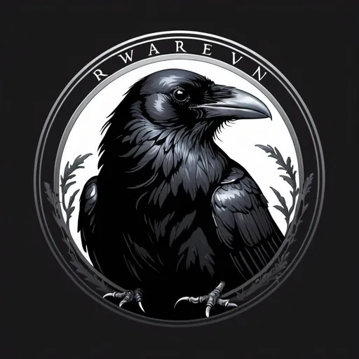 Prompt: Dark mysterious raven, logo, in black and white, round
