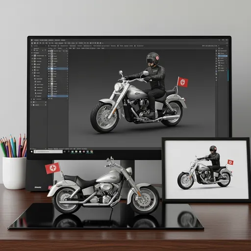 Prompt: This photograph depicts a workspace featuring a detailed model motorcycle and a computer screen displaying a digital rendering of the same motorcycle. The model motorcycle, positioned on a reflective black surface in the foreground, is a silver cruiser with chrome accents, large front and rear wheels, and a saddle with a black leather seat. The model has a red and white flag on the handlebars. The digital rendering on the computer screen, which is centered on a large black monitor, shows a similar silver cruiser motorcycle with a rider wearing a black leather jacket, helmet with a red flag, and black pants. The rider is also depicted with a red and white flag on the handlebars. The computer screen displays a software interface with various tools and layers visible on the left side. To the left of the monitor, there is a white cup holding several colored pencils and a small black speaker. A framed photograph of the digital rendering is placed next to the model on the desk. The background is a plain, light-colored wall, and the desk is dark wood with a slight gloss. The overall composition highlights the intersection of digital art and physical modeling.