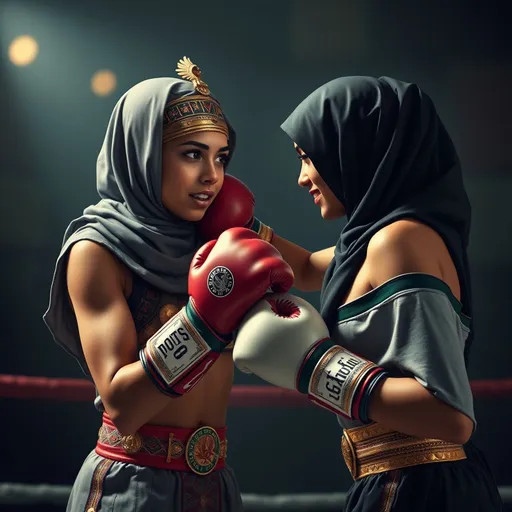 Prompt: Create a mixed Egyptian Muslim girl playing Boxing 