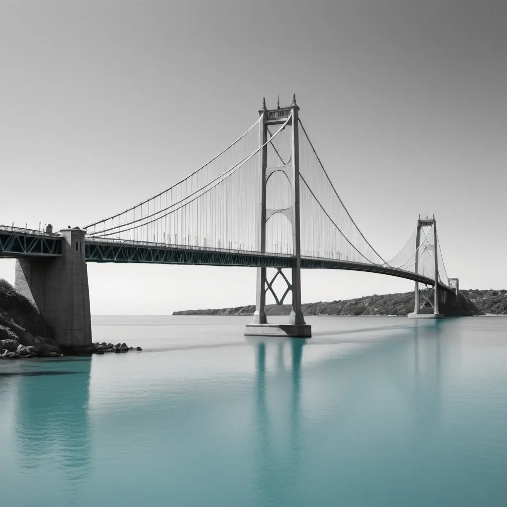 Prompt: Distant view of a suspension bridge, black and white, aqua, azure sea with no beginning or end, detailed structure, high quality, realistic, serene vibes, contemporary, modern design, minimalist, intricate details, expansive view, calm sea, natural lighting, professional, detailed