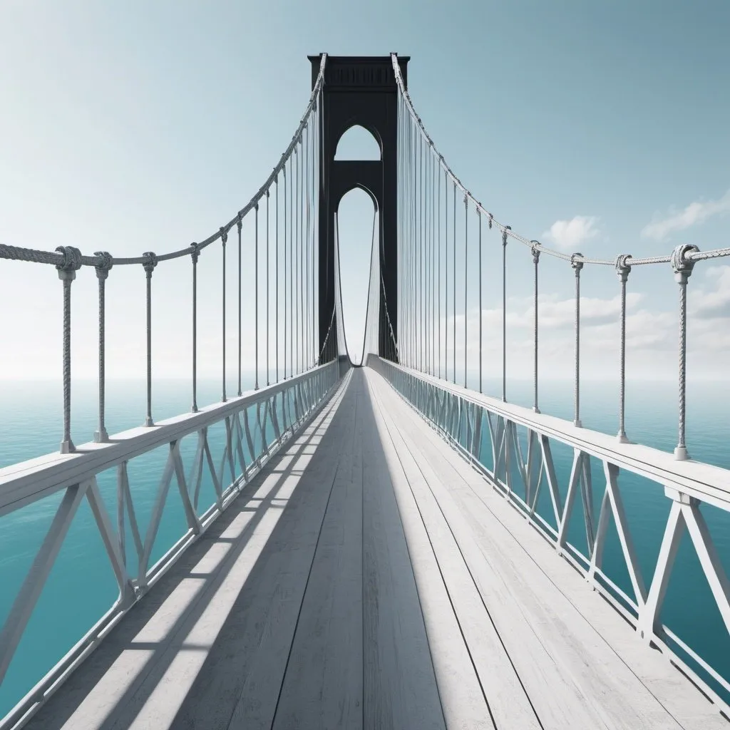 Prompt: Architectural rendering of a suspension bridge, black and white, aqua, azure sea with no beginning or end, detailed structure, high quality, realistic, serene vibes, contemporary, modern design, expansive view, minimalist, intricate details, calm sea, clean lines, professional, natural lighting