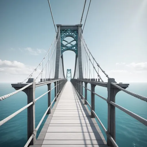 Prompt: Architectural rendering of a suspension bridge, black and white, aqua, azure sea with no beginning or end, detailed structure, high quality, realistic, serene vibes, contemporary, modern design, expansive view, minimalist, intricate details, calm sea, clean lines, professional, natural lighting