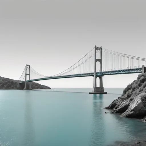 Prompt: Distant view of a suspension bridge, black and white, aqua, azure sea with no beginning or end, detailed structure, high quality, realistic, serene vibes, contemporary, modern design, minimalist, intricate details, expansive view, calm sea, natural lighting, professional, detailed