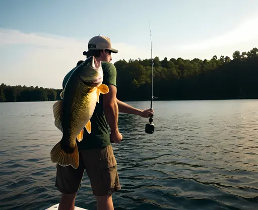 Prompt: (accurately spelled text “MUSKY SLAYER” at the bottom of the image), vibrant beer label design, featuring a male angler with detailed facial features, energetically reeling in a muscular musky fish, (dynamic pose), rich colors with a sunlit background showcasing a serene lake scene, lush greenery framing the image, artistic typography, high-quality illustration, emphasis on the excitement of fishing and nature.