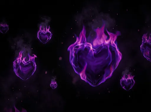 Prompt: create a hi def wallpaper of various sized burning hearts. make the hearts  purple, plump and three dimensional. give image a dark cinematic feel . place on a black background