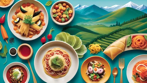 Prompt: A lively, colorful scene for the cover photo of 'The Flavor Trail.' The image shows a food journey, starting with a trail of various dishes from different cuisines—pasta, sushi, tacos, and desserts—arranged as if they're part of a scenic path leading through hills and valleys of fresh ingredients like herbs, spices, and vegetables. In the background, a subtle warm sunset enhances the inviting ambiance, while the quote 'Every bite tells a story, and every flavor leads to a new adventure. Follow the trail and savor the journey.' is written in bold, appetizing font across the middle.