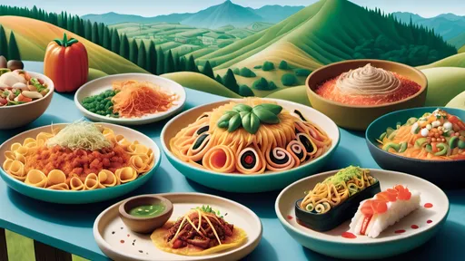 Prompt: A lively, colorful scene for the cover photo of 'The Flavor Trail.' The image shows a food journey, starting with a trail of various dishes from different cuisines—pasta, sushi, tacos, and desserts—arranged as if they're part of a scenic path leading through hills and valleys of fresh ingredients like herbs, spices, and vegetables. In the background, a subtle warm sunset enhances the inviting ambiance, while the quote 'Every bite tells a story, and every flavor leads to a new adventure. Follow the trail and savor the journey.' is written in bold, appetizing font across the middle.