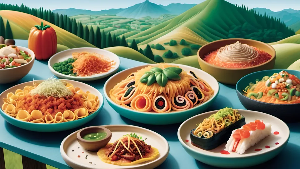 Prompt: A lively, colorful scene for the cover photo of 'The Flavor Trail.' The image shows a food journey, starting with a trail of various dishes from different cuisines—pasta, sushi, tacos, and desserts—arranged as if they're part of a scenic path leading through hills and valleys of fresh ingredients like herbs, spices, and vegetables. In the background, a subtle warm sunset enhances the inviting ambiance, while the quote 'Every bite tells a story, and every flavor leads to a new adventure. Follow the trail and savor the journey.' is written in bold, appetizing font across the middle.