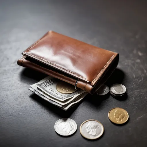 Prompt: a practically empty wallet with a very small amount of cash and coins in on a table as if the person who owns the wallet is poor