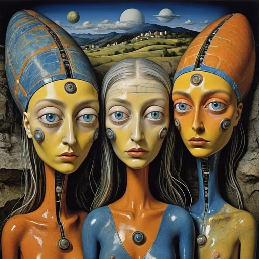 Prompt: "Elle chantait les minutes sans s'endormir./surrealism fantastic dreamlike magic realism deep color breathtaking masterpiece/ Professional photography Travel Extravagant strange Cosmic characters travelling in beautiful landscape with white blue yellow and orange faces/cheerful expression /colorful clothes /in Lucian Freud oil painting style By Peter Longhi HR Giger Hundertwasser"