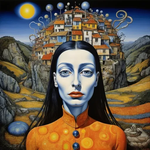 Prompt: "Elle chantait les minutes sans s'endormir./surrealism fantastic dreamlike magic realism deep color breathtaking masterpiece/ Professional photography Travel Extravagant strange Cosmic characters travelling in beautiful landscape with white blue yellow and orange faces/cheerful expression /colorful clothes /in Lucian Freud oil painting style By Peter Longhi HR Giger Hundertwasser"