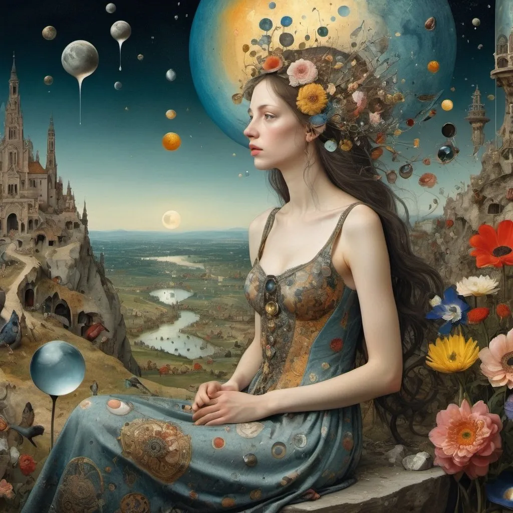 Prompt: ((Bosch)), Klimt and ((Bruegel)) style. Perfect profile  beautiful  sit down full body with a ((short dress)) ((woman)) in a surreal and mind-blowing  planet,  full of translucent  ((big drops)) falling, reflecting the landscape.  lots of surreal flowers and mind-blowing birds of immense shapes and colors. Sun. Several moons.  XIV century style. Hyper-detailed hyper-realistic photo-fantasy ornate meticulously detailed, muted colors in, meticulous, intricate and highly detailed illustration by Bosch. ornate, meticulously detailed, muted colors, meticulous, intricate, highly detailed. Cinematic light. Work of art. Extremely detailed