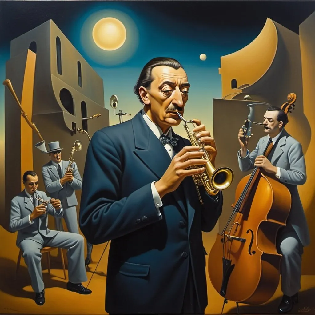 Prompt: Midnight jazz scene, singer soloist, surrealism surrealism Salvador Dali matte background melting oil on canvas George Tooker contrasting colors deep color mysterious steampunk"."
