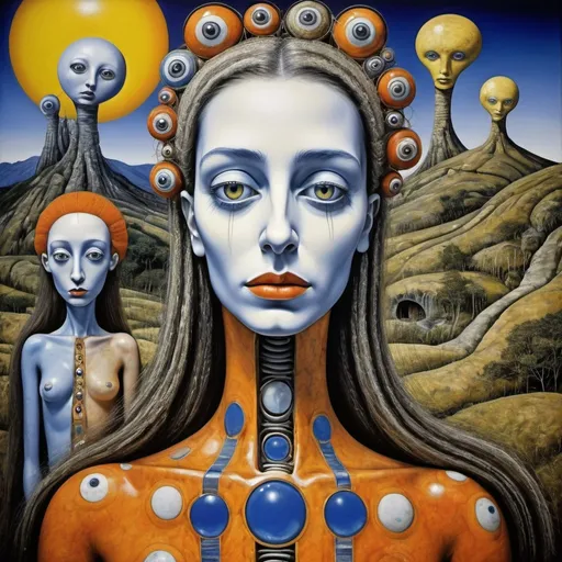 Prompt: "Elle chantait les minutes sans s'endormir./surrealism fantastic dreamlike magic realism deep color breathtaking masterpiece/ Professional photography Travel Extravagant strange Cosmic characters travelling in beautiful landscape with white blue yellow and orange faces/cheerful expression /colorful clothes /in Lucian Freud oil painting style By Peter Longhi HR Giger Hundertwasser"