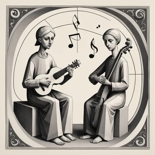 Prompt: an illustration of a Musicians, in the style of subtle surrealism, monochrome geometry, early medieval art, child-like innocence. 