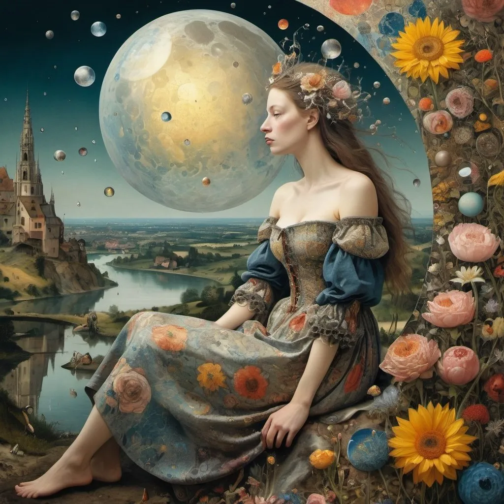 Prompt: ((Bosch)), Klimt and ((Bruegel)) style. Perfect profile  beautiful  sit down full body with a ((short dress)) ((woman)) in a surreal and mind-blowing  planet,  full of translucent  ((big drops)) falling, reflecting the landscape.  lots of surreal flowers and mind-blowing birds of immense shapes and colors. Sun. Several moons.  XIV century style. Hyper-detailed hyper-realistic photo-fantasy ornate meticulously detailed, muted colors in, meticulous, intricate and highly detailed illustration by Bosch. ornate, meticulously detailed, muted colors, meticulous, intricate, highly detailed. Cinematic light. Work of art. Extremely detailed