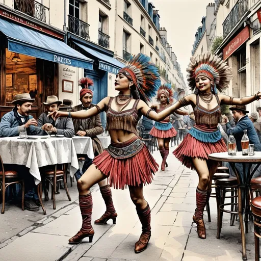 Prompt: ""detailed pen and colored ink ink illustration of Parisian Apache dancers in a bistro in Montmartre antique paper highly detailed." hyperdetailed intricately detailed contrasting colors deep color"