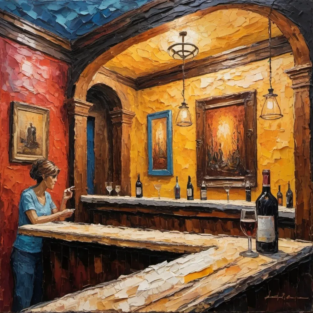 Prompt: Expressionist, detailed impasto heavy layers of    Antique paper  thick Paint highly detailed palette knife hyperdetailed intricately detailed contrasting colors deep color, impasto,   Later, in the bar