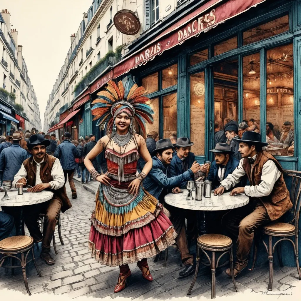 Prompt: ""detailed pen and colored ink ink illustration of Parisian Apache dancers in a bistro in Montmartre antique paper highly detailed." hyperdetailed intricately detailed contrasting colors deep color"