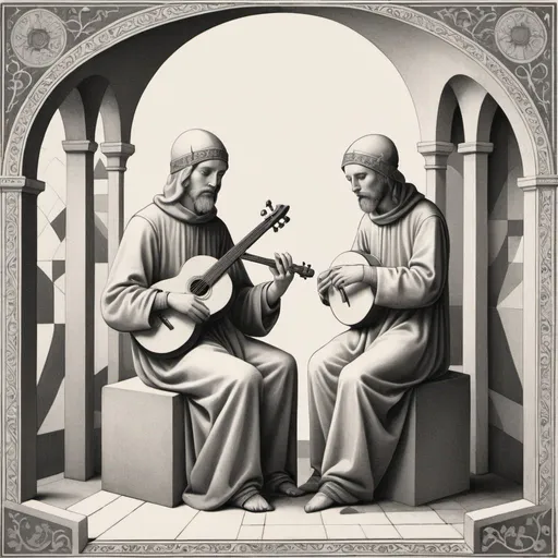 Prompt: an illustration of a Musicians, in the style of subtle surrealism, monochrome geometry, early medieval art, child-like innocence. 