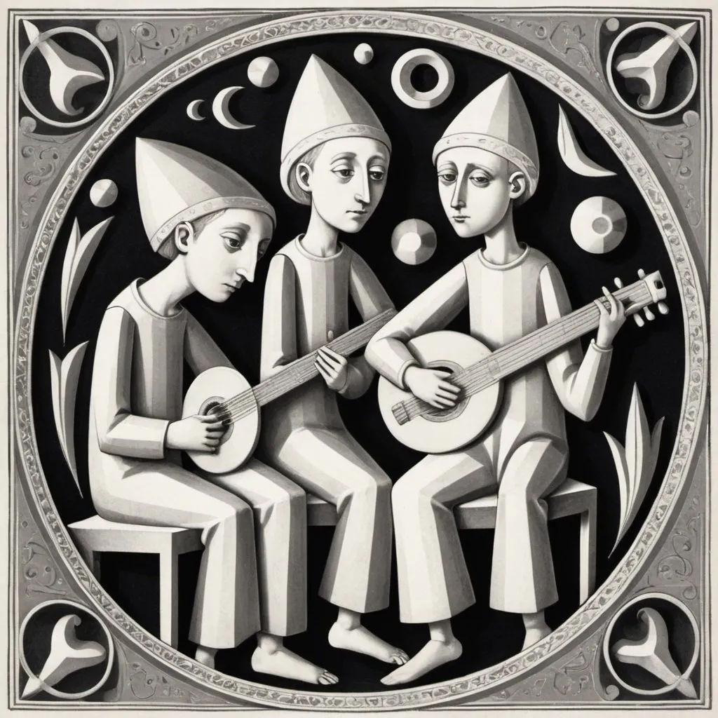 Prompt: an illustration of a Musicians, in the style of subtle surrealism, monochrome geometry, early medieval art, child-like innocence. 