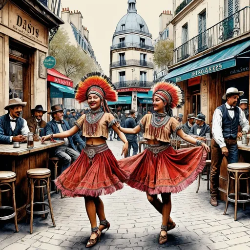 Prompt: ""detailed pen and colored ink ink illustration of Parisian Apache dancers in a bistro in Montmartre antique paper highly detailed." hyperdetailed intricately detailed contrasting colors deep color"